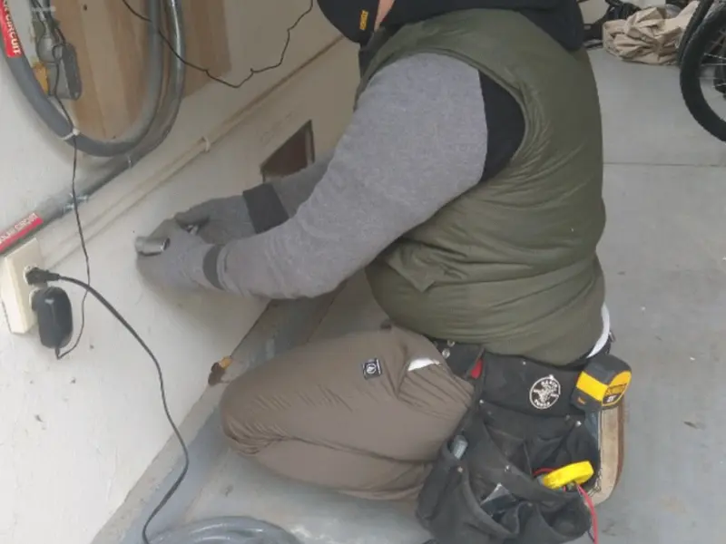 Electrician performing outlet wiring in a Lutz garage